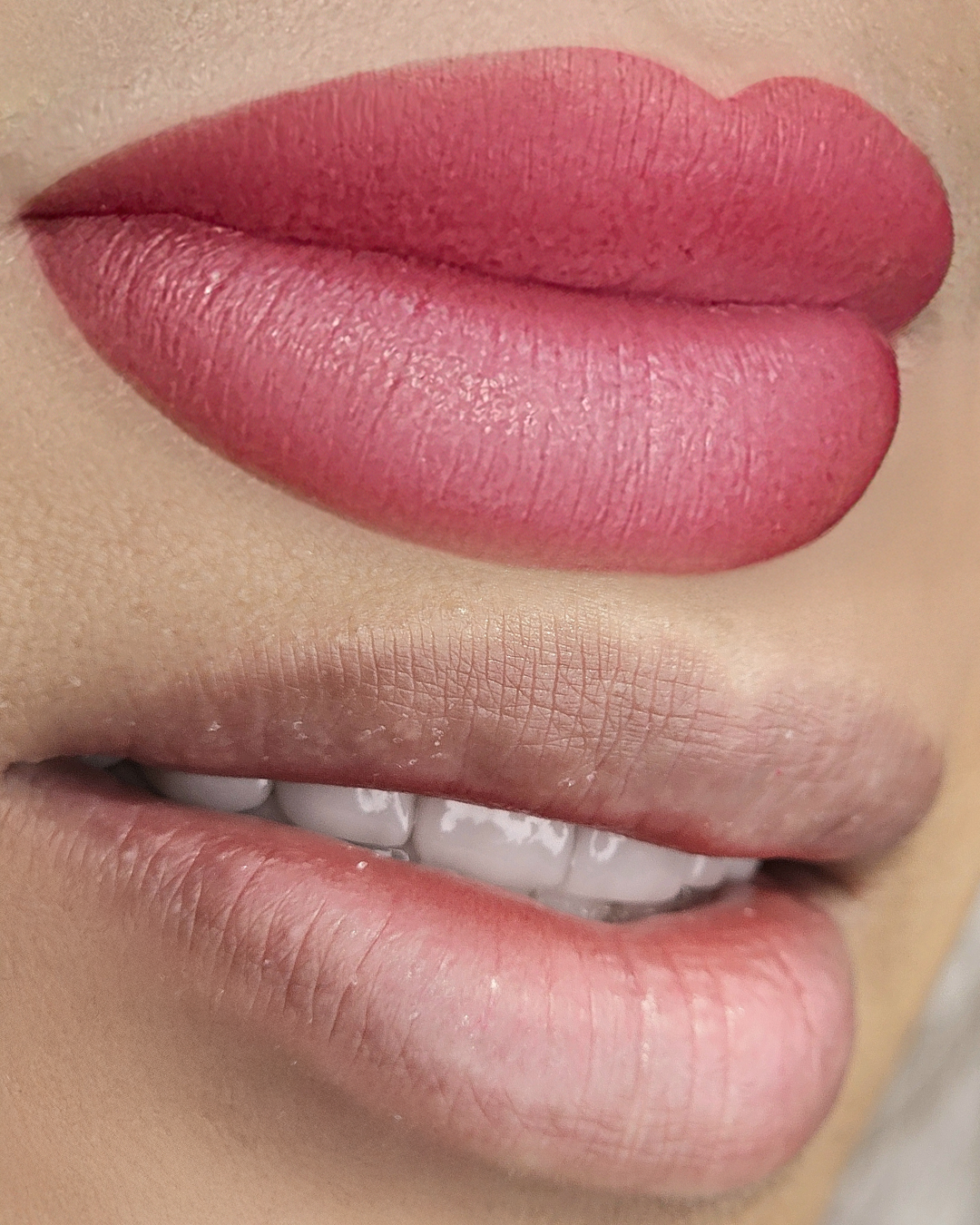 Dettaglio della tecnica Acquarelle Lips, confronto prima e dopo sulle labbra
